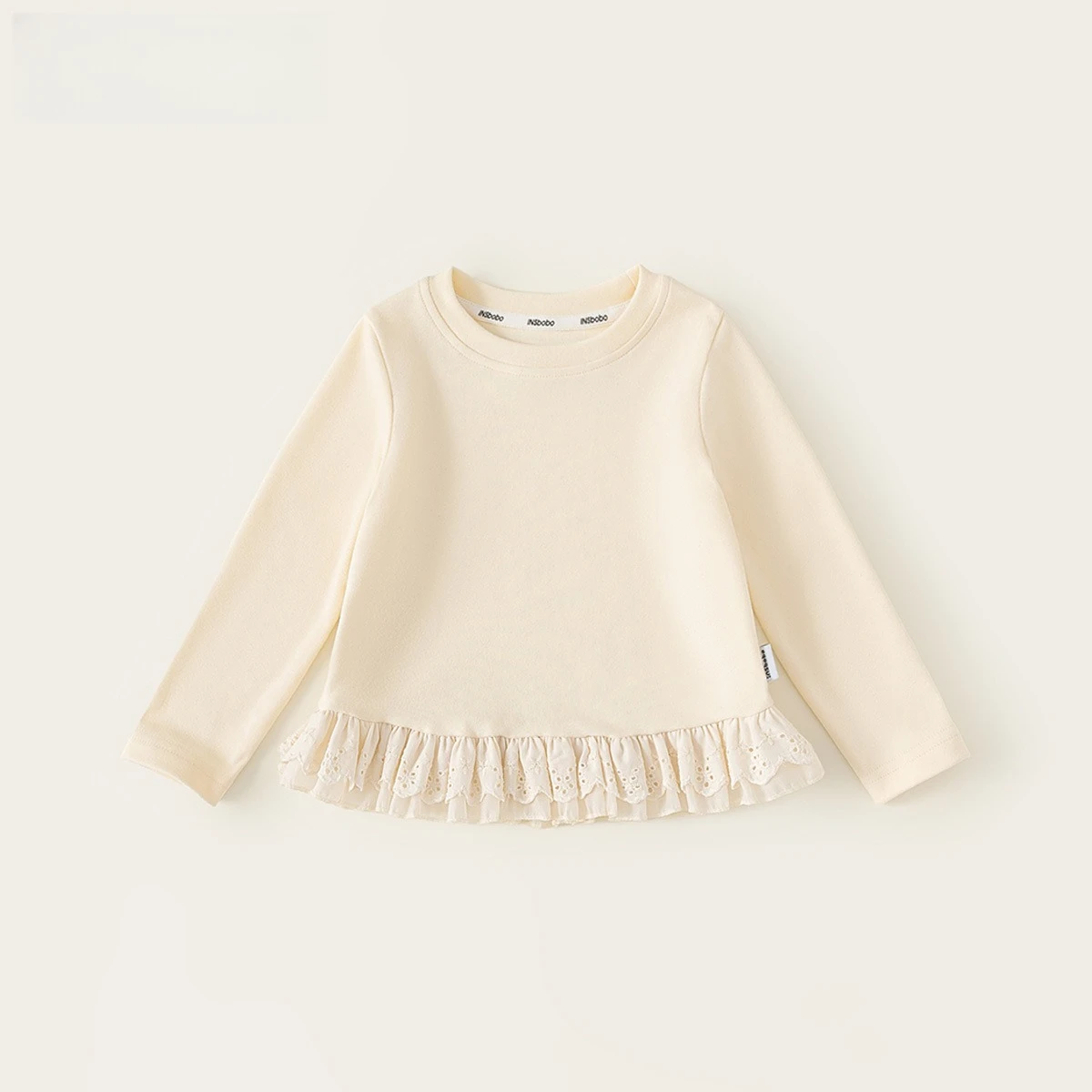 Autumn Kids Tops Lace Trim Apricot O-neck Long Sleeve Base Layer T-shirts