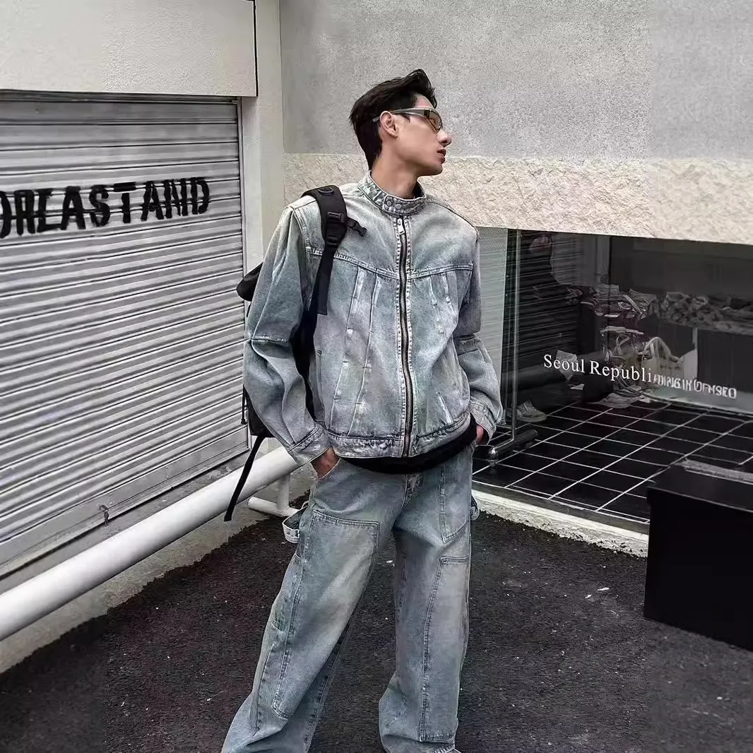 

2026 New Men's Dopamine Pink Denim Jacket Set Brush Paint Pleated American High Street Couple Two Piece Outfit