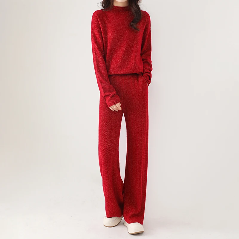 Conjunto rojo de lana de alta calidad para mujer, traje de punto informal holgado de Cuello medio alto, pantalones de pierna ancha, traje de 2