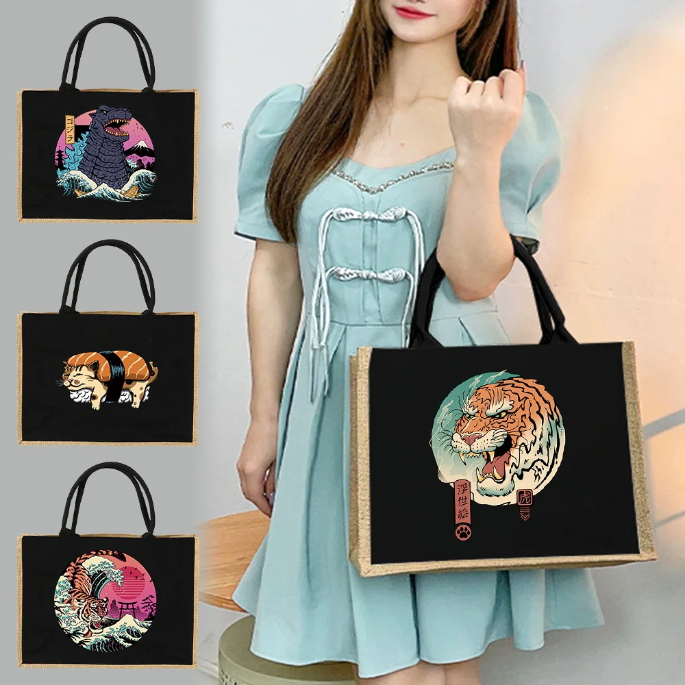 Jute Handbag Shoulder Bag Jute Imitation Sacks Linen Bags Women Shopping Pouch Designer Laminated Bags Anime Style Japanese Cat