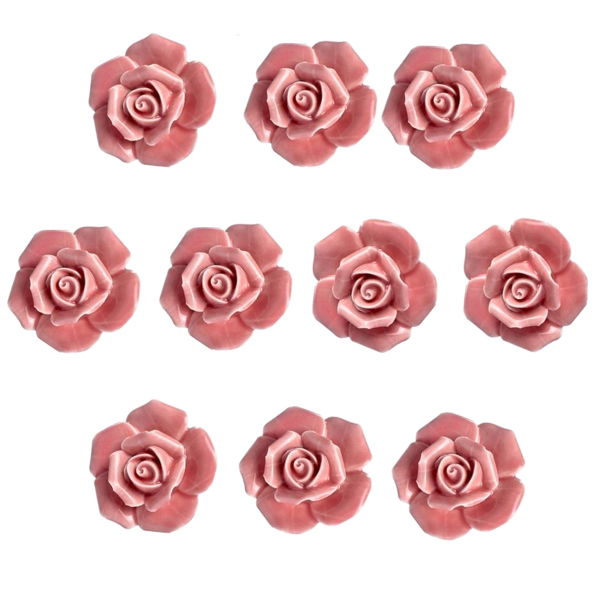 10 Pcs Ceramic Vintage Floral Rose Flower Door Knobs Handle Drawer Kitchen + Screws (Pink)