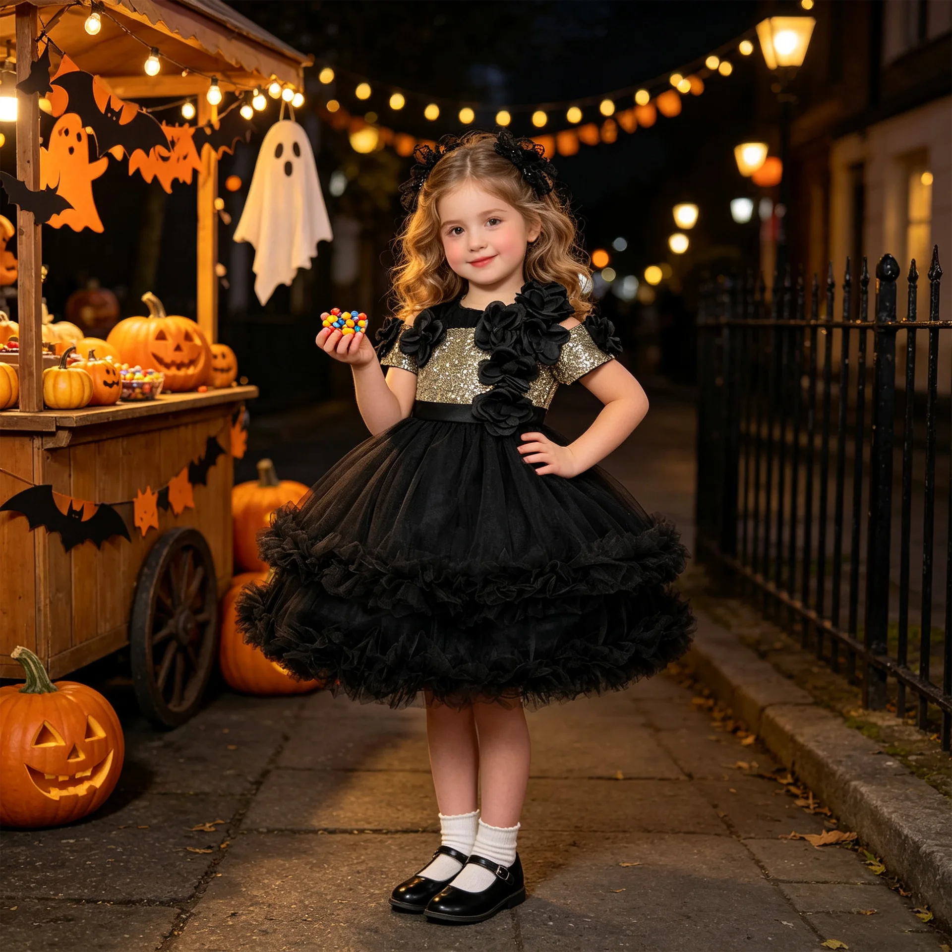 Girls Halloween Black Gold Princess Dress Sequin Top Tulle Skirt Cosplay Show Party Costume Pumpkin Trick Or Treat Outfit ASQ03