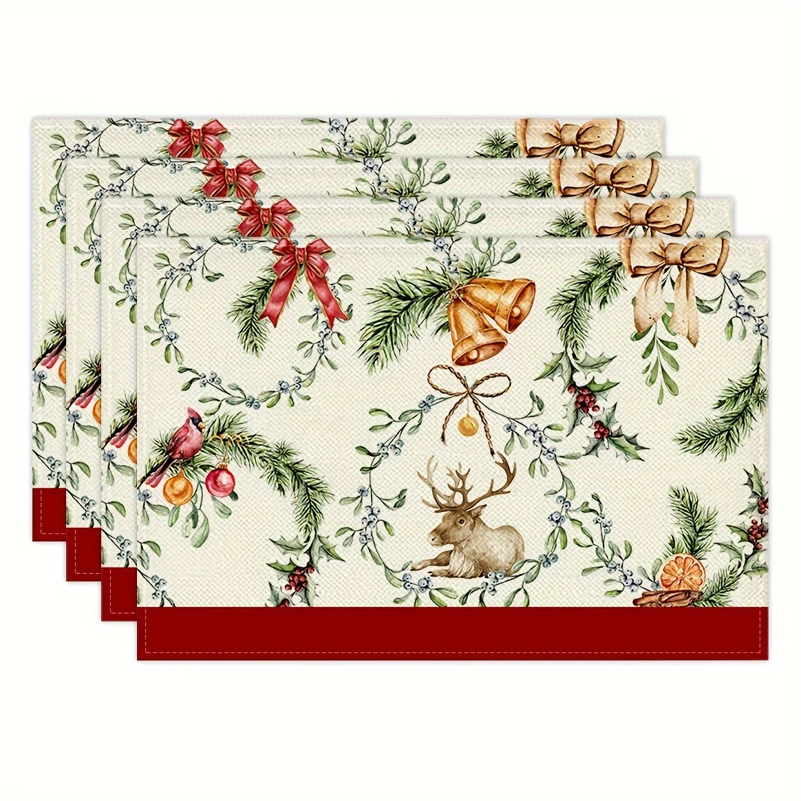 Fashion 4-Piece Pine Branch Bell Deer Christmas Meal Mat Set 12x18 Inches, Machine Washable, High Quality for Dining Table