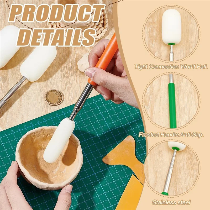 

AA80-3PCS Telescoping Sponge Stick For Pottery, Stainless Steel Handle Absorbent Sponge-Head For Water Removal From Pottery