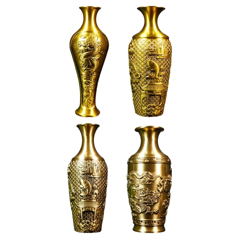 Luxurious Brass Flower Vases Traditional Chinese Dragon and Phoenixes Carvings Antique Vases for Florals Arrangements