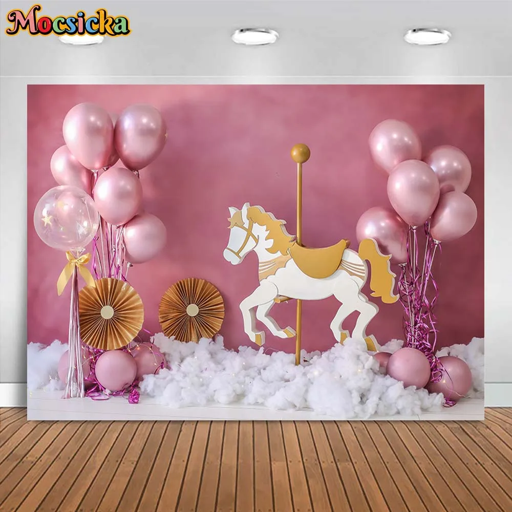 Mocsicka Newborn Photography Background Pink Wall Carousel Balloons Girl 1st Birthday Cake Smash Backdrop Studio Photocall Props