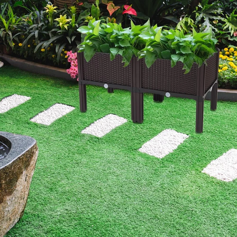 2 Piece Raised Garden Bed Kit Durable Lightweight Planter Box Easy Assembly Rattan Pattern Ideal Outdoor Spaces