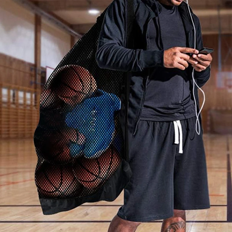 Large Capacity  Drawstring Sports Bag Mesh Shoulder Bag for Storage Basketball Football Soccer Volleyball Ball Swimming Gea