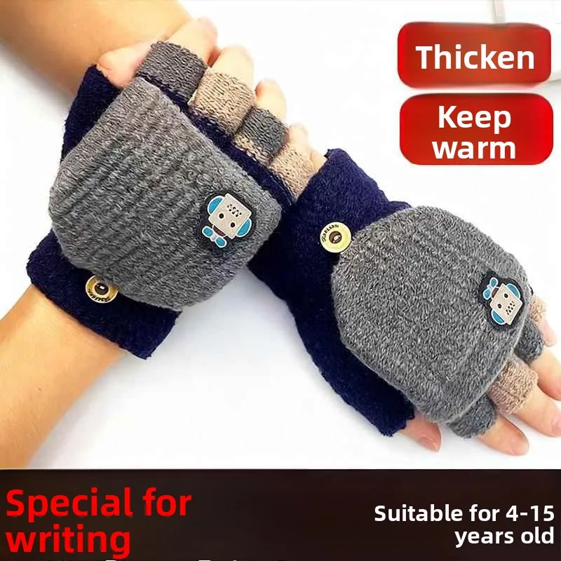 

Утепленные вязаные перчатки-трансформеры для детей на осень-зиму, для мальчиков и девочек, милые, для школьников, для письма, теплые, вязаные, защита от холода