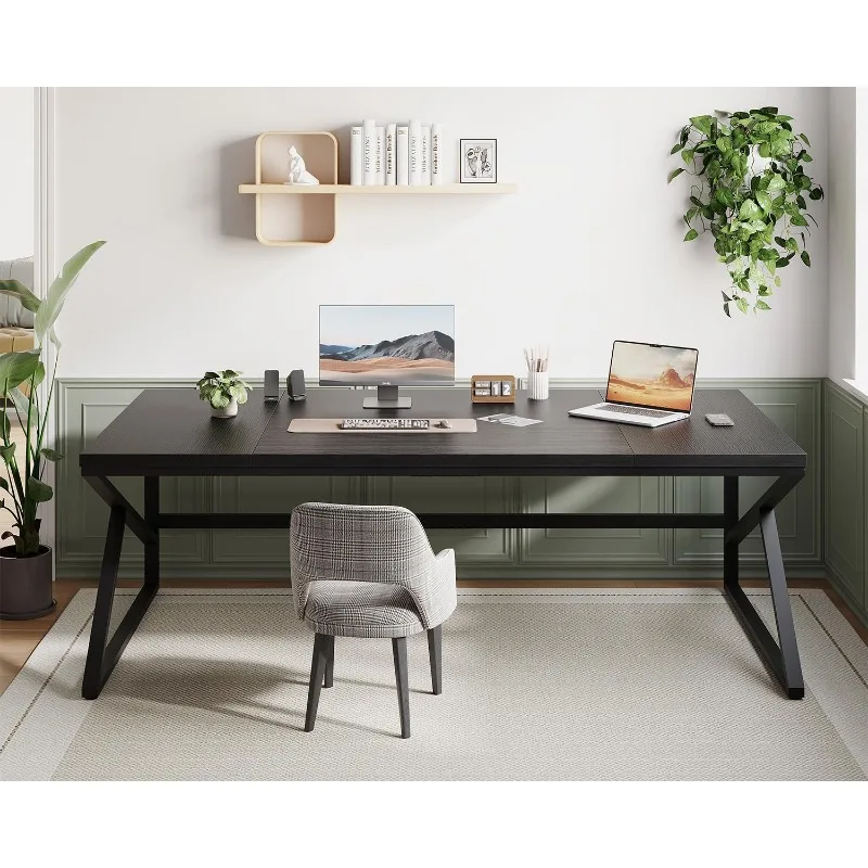 مكتب كمبيوتر أسود طويل، مكتب منزلي كبير مقاس 78 بوصة لشخصين، مكتب مزدوج من الخشب المعدني الصناعي للعمل التنفيذي #3