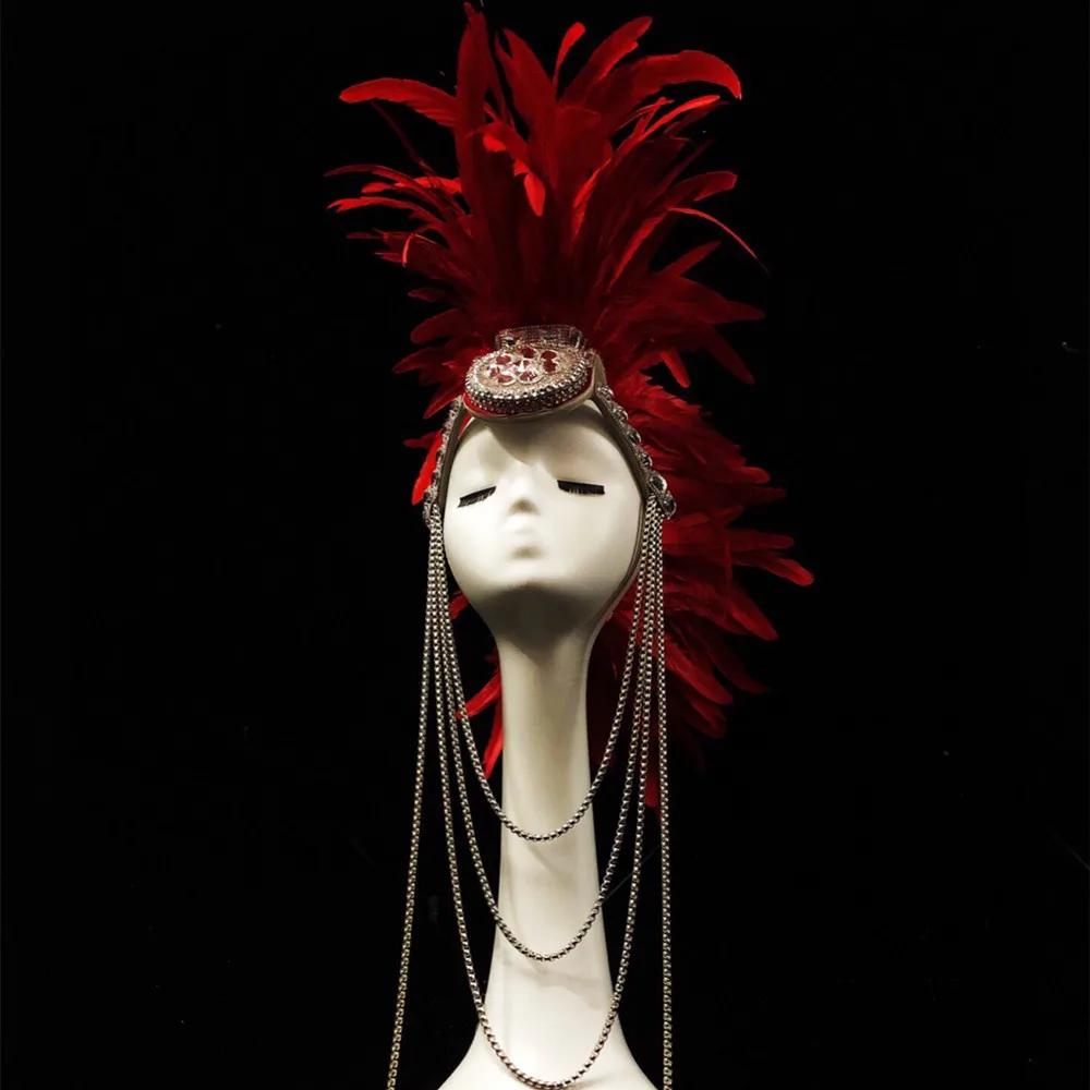 Exaggerated Red Feather Cockscomb Headdress Stage Performance Accessories Rhinestones Headgear Male Women Dancer Show Ornament