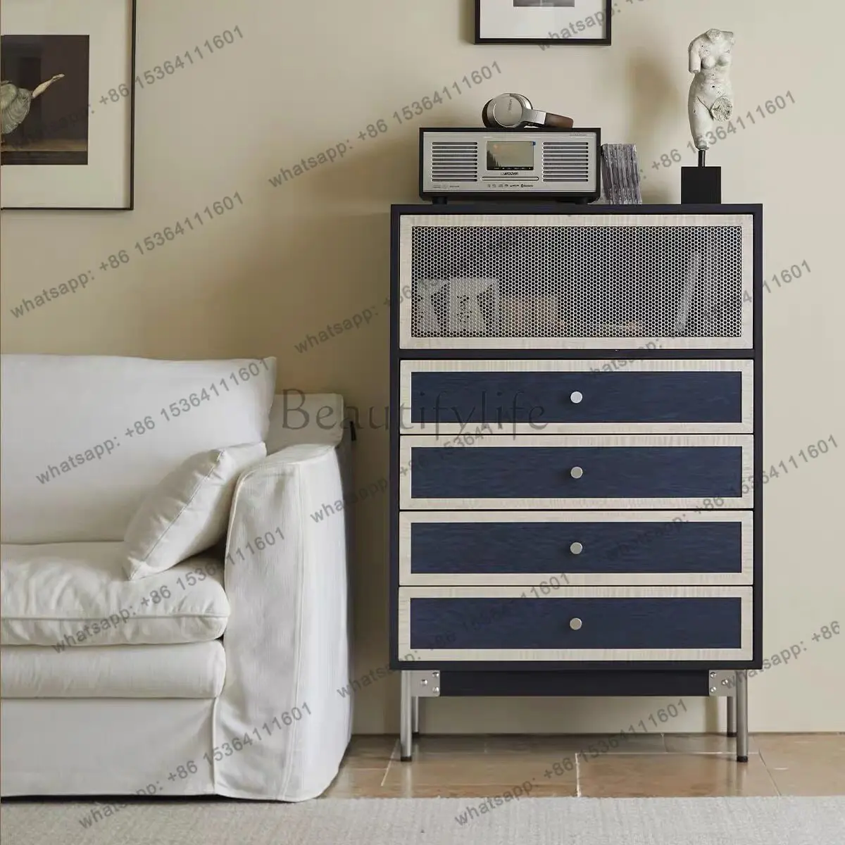 

French retro solid wood chest of drawers, living room against the wall storage storage cabinet