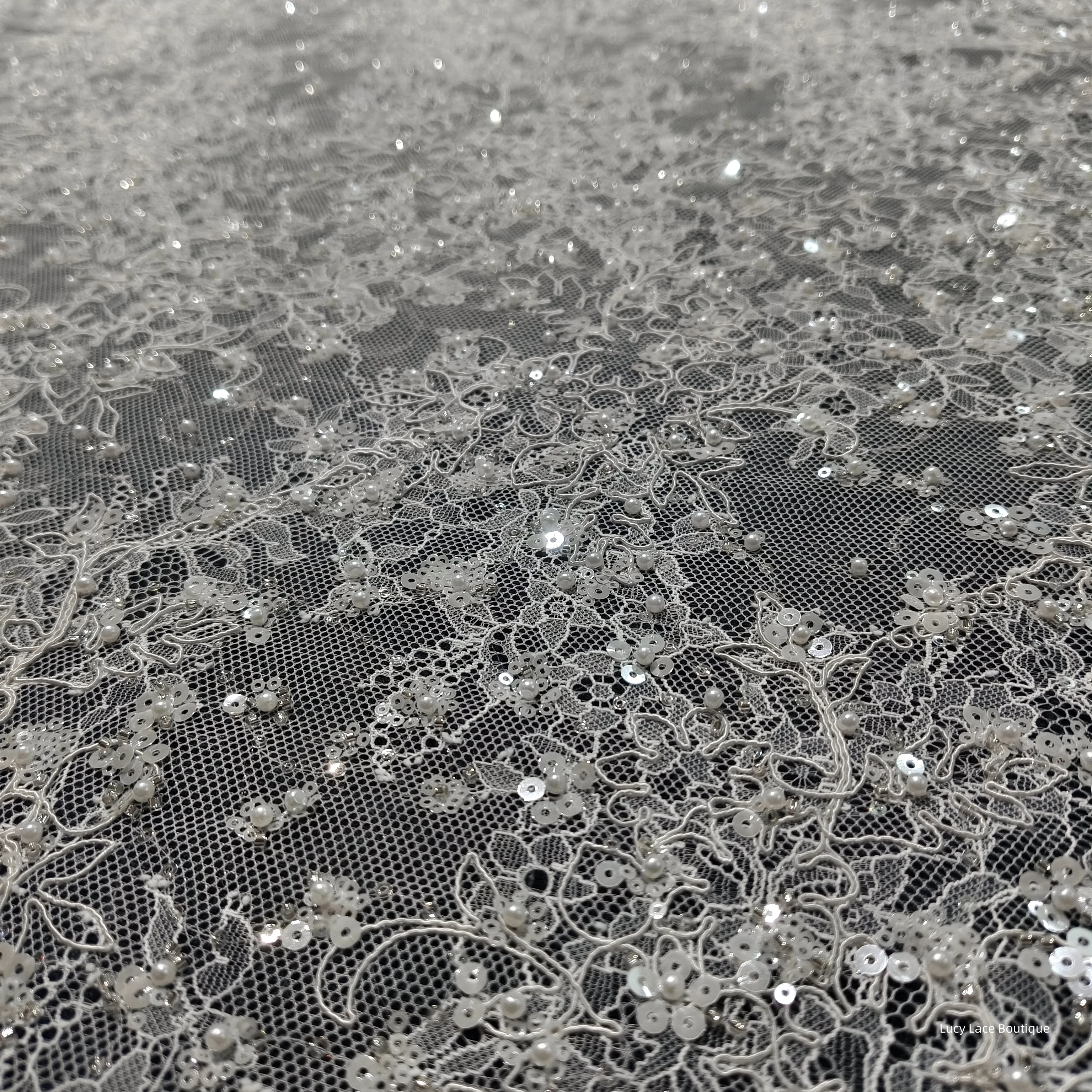 1.45M Wide Off White Colour Beading on Lace Base Great Brightness Shiny Cording Lace Fabric Luxury Wedding Dress Materials 2025