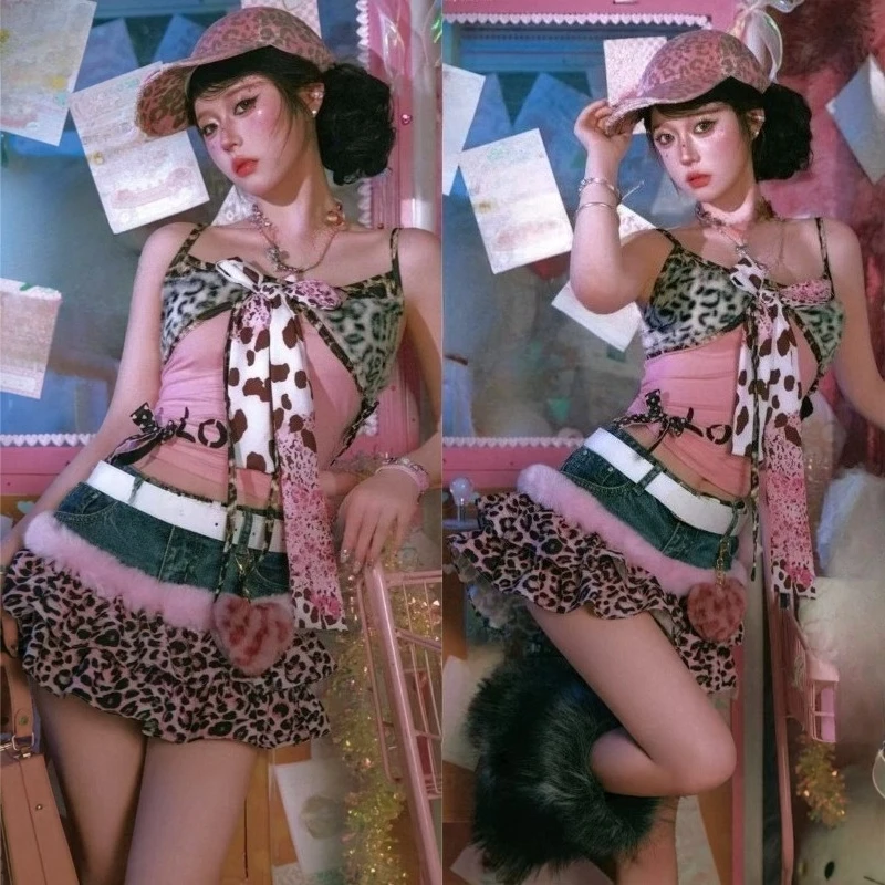 Leopardenmuster Passende Anzüge Damen Gothic Y2K Harajuku Punk Satin Schleife Cami Flauschiger Saum Denim Minirock Tägliche Subkultur-Outfits