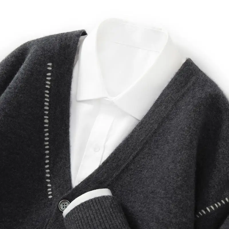 100% سترة من الصوف الخالص الخامس الرقبة زر أسفل سترة الأعمال عادية الخريف والشتاء سترة صوف سميكة محبوك قاع قميص #6