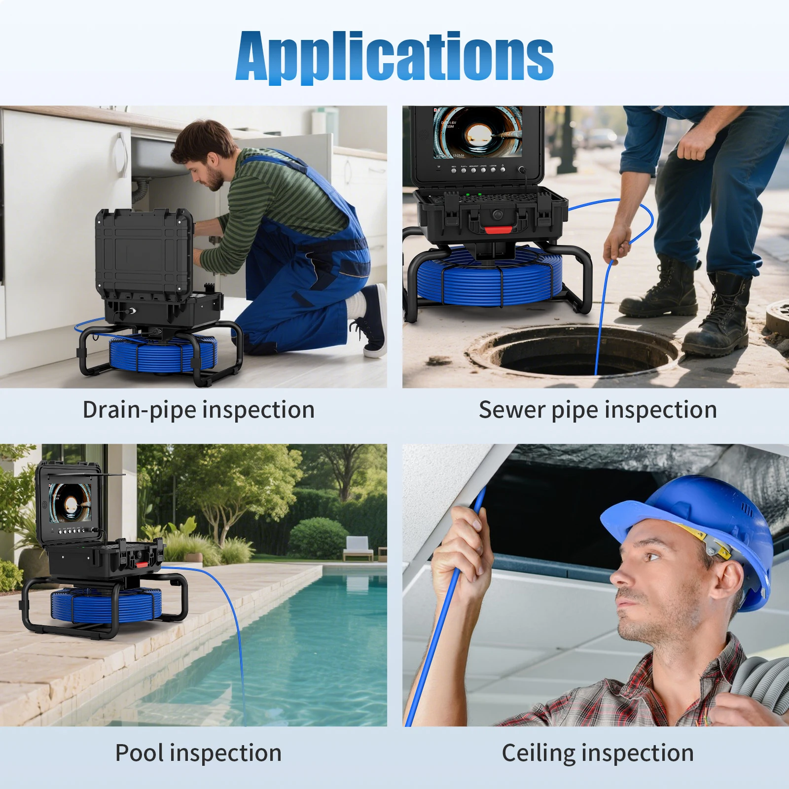 كاميرا الصرف الصحي Borescope مع محدد موقع 512 هرتز، كاميرا IPS 1080P مقاس 10 بوصة مع كابل 7 مم 30-60 متر، التسوية الذاتية التلقائية، بطارية 4500 مللي أمبير في الساعة