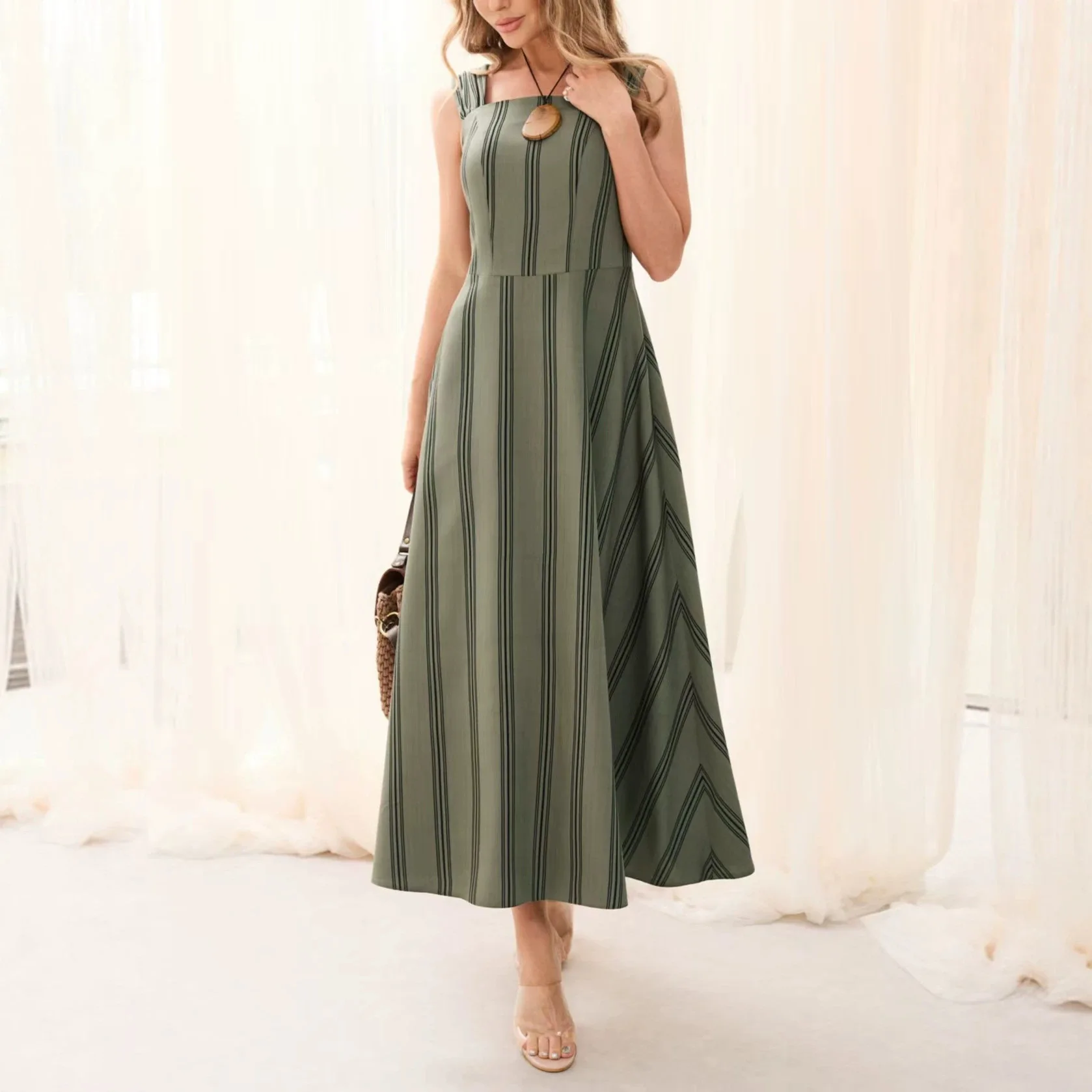 French Blue Striped Retro Midi Dress Women Summer Sleeveless A-Line Swing Dresses
