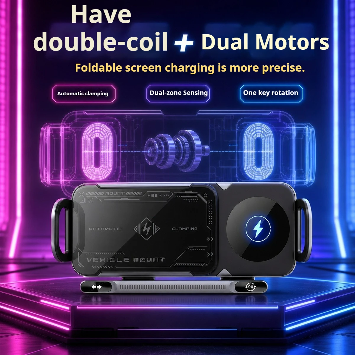 New Arrival Dual‑Coil Wireless Car Phone Holder Auto‑Clamp Air Vent Car Mount for Foldable & Straight Screen Phones 90° Rotation
