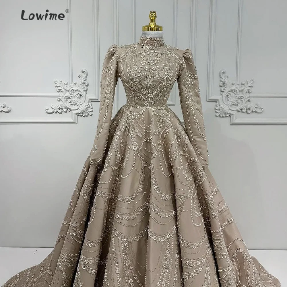 Retro Light Brown Muslim Evening Dress Beaded Embroidery Long Sleeve Evening Dress Rhinestone Women'S Grand Evening Dress