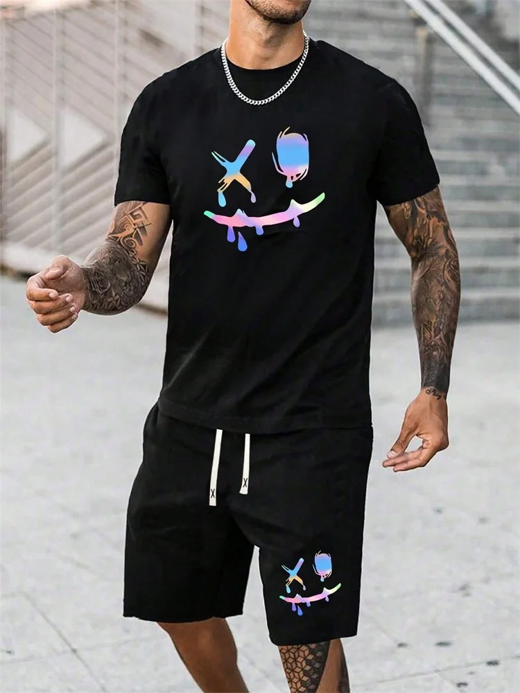 

The 2025 New Casual Men's Set J Gradient Creative Graffiti Print Summer Street Fashion Outfit Is Breathable And Comfortable