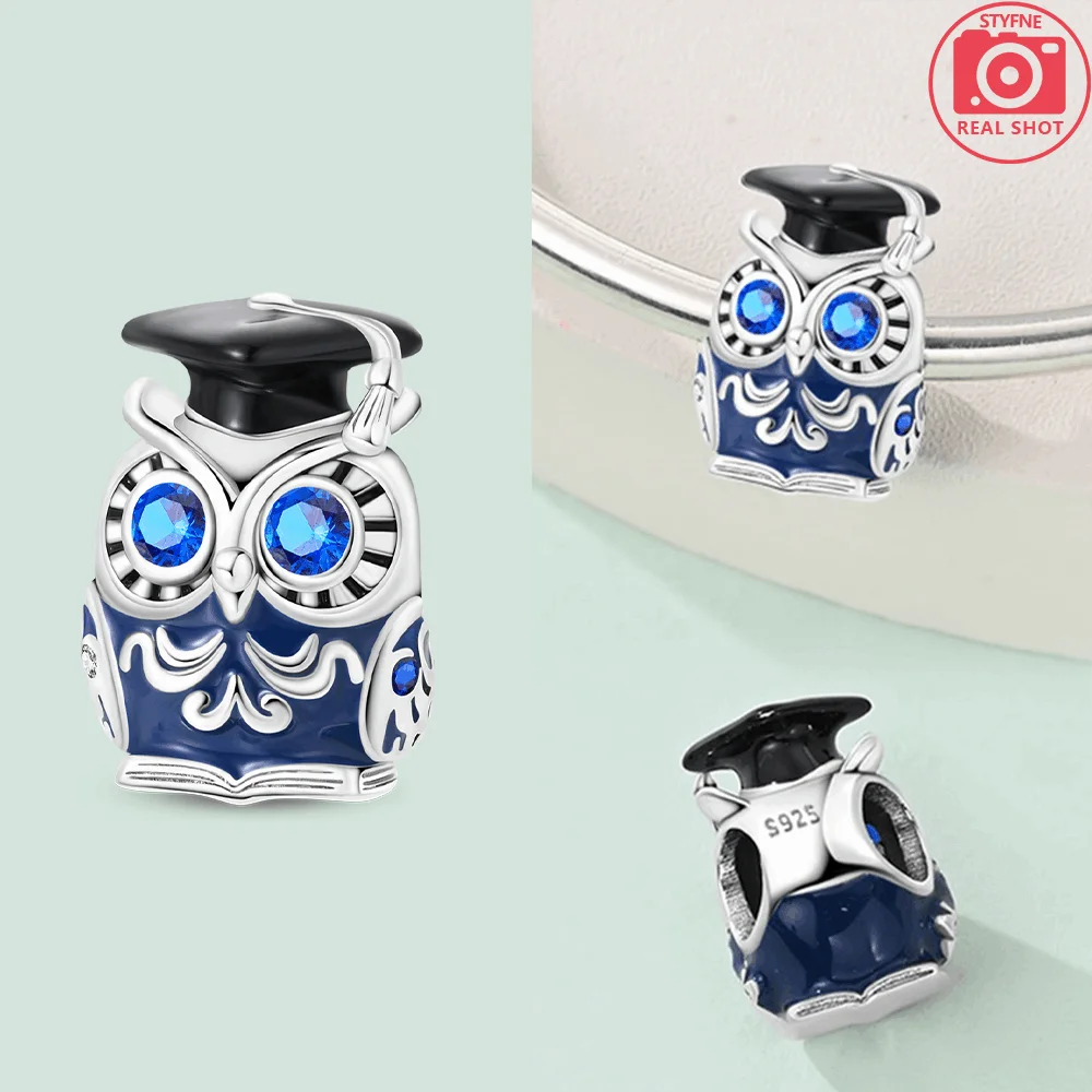 S925 Silver Graduation Owl Charm, Wisdom Owl with Graduation Hat, Blue Crystal Eyes Bead, DIY Jewelry Gift for Graduation Season