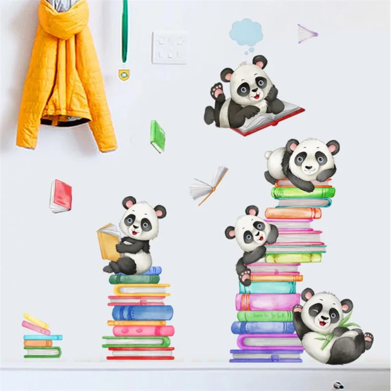 Cute Animal Panda Book Wall Stickers For Kids Nursery Decor Reading Room Decoration Student Library Decal Classroom Mural Poster