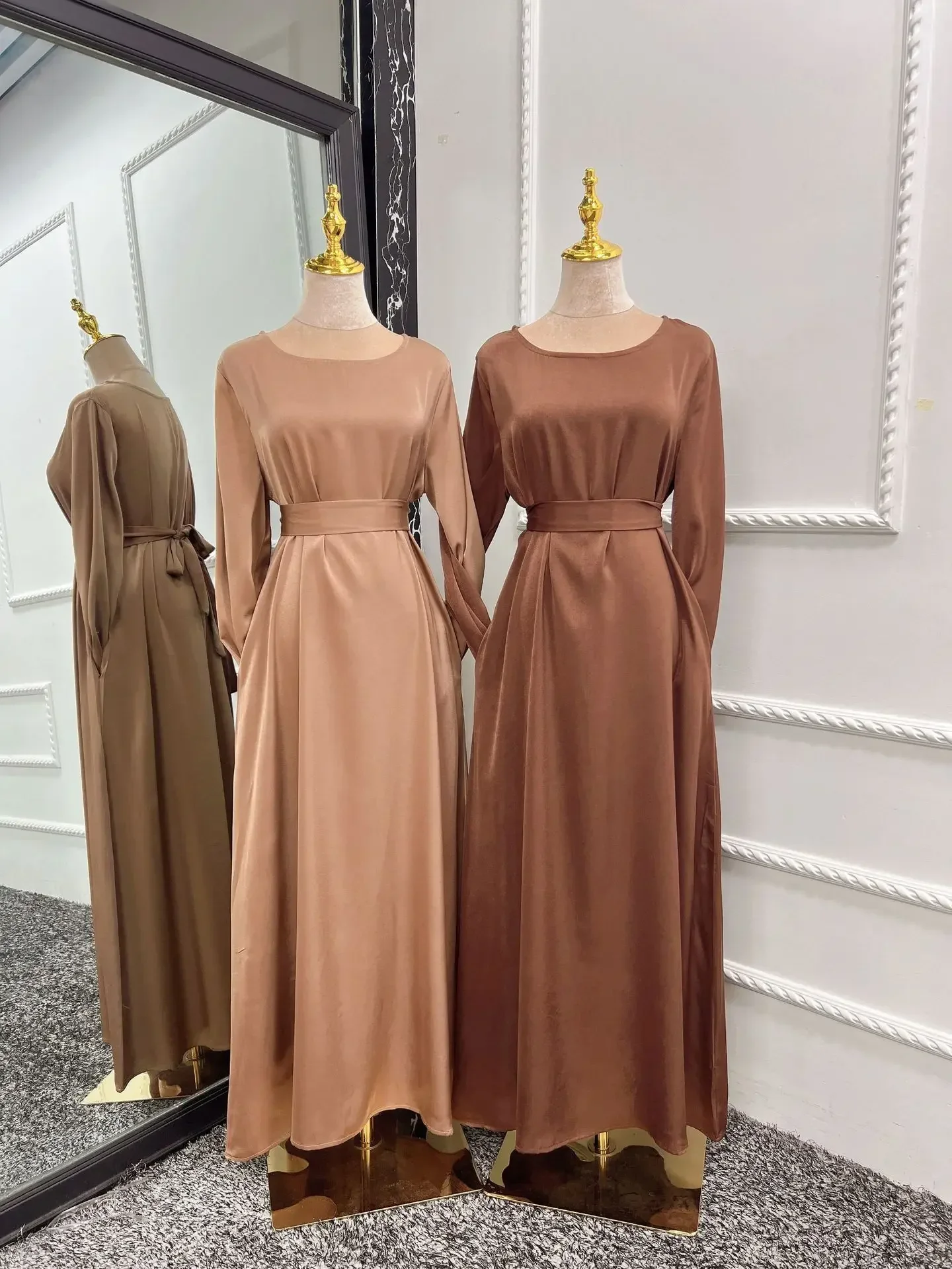 Muslim Fashion Satin Abaya with Pockets Belt Hijab Dress Closed Abayas for Women Dubai Turkey Ramadan Eid Islam African Clothes