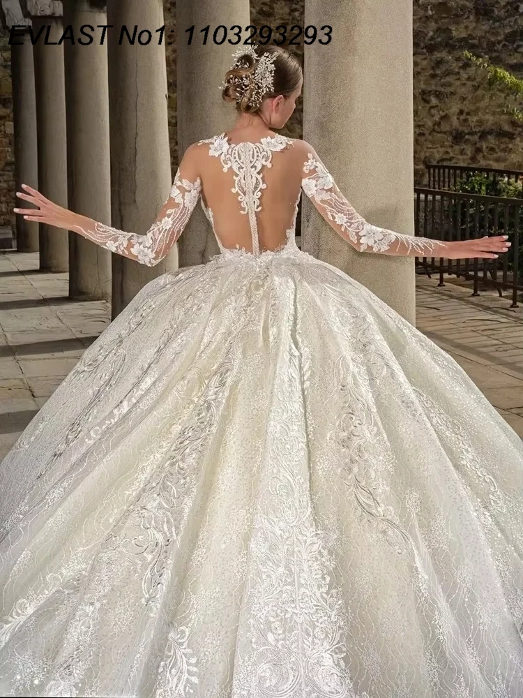 EVLAST Maßgeschneidertes Prinzessin Vintage Puffy A-Linie Brautkleid mit Spitzenapplikationen Lange Ärmel Brautkleider Robe De Marie TBD31