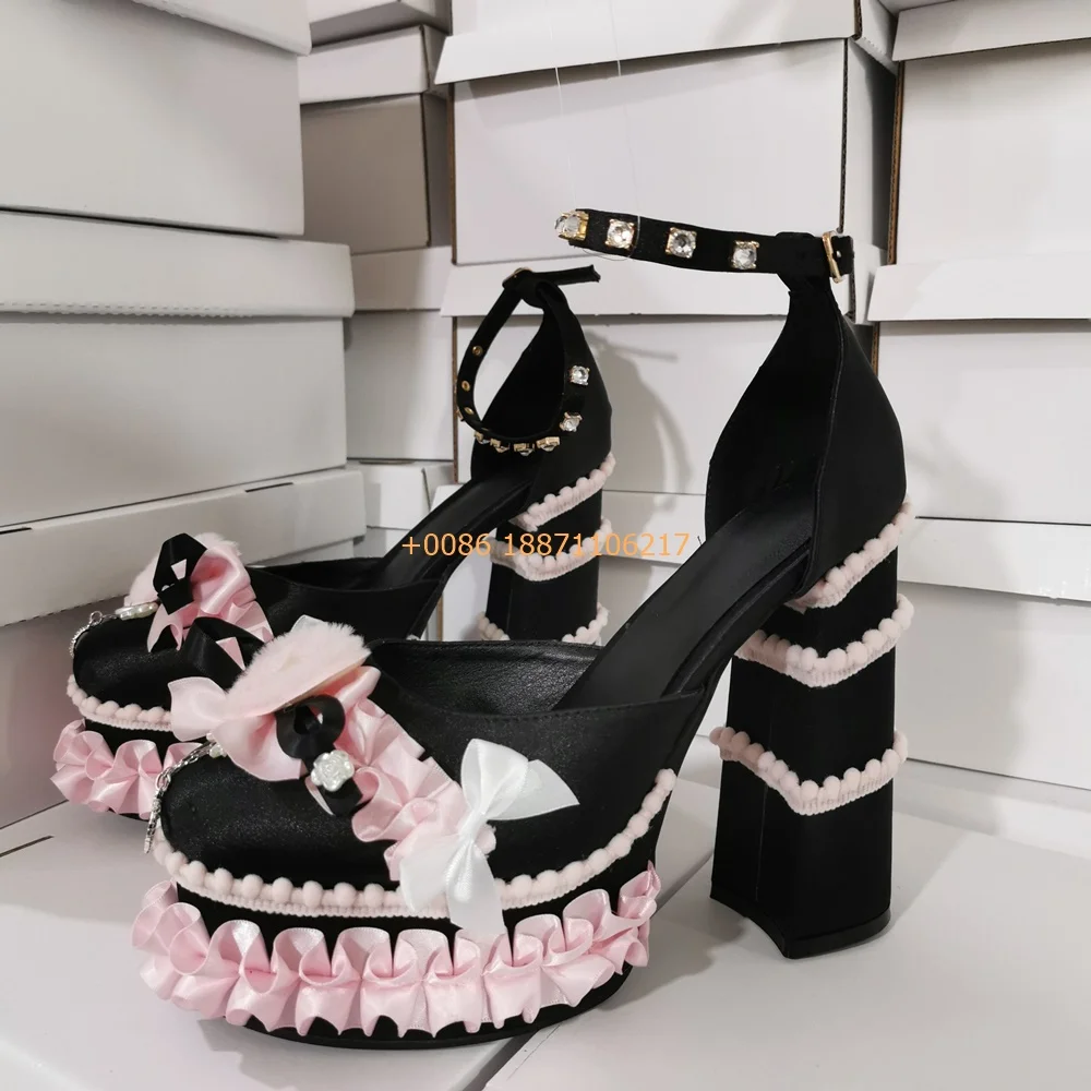 Sweet Lace Princess Lolita Shoes New Thick Sole Round Toe Bow Heart Thick High Heel Wedding Shoes Fashion Banquet Elegant Pumps