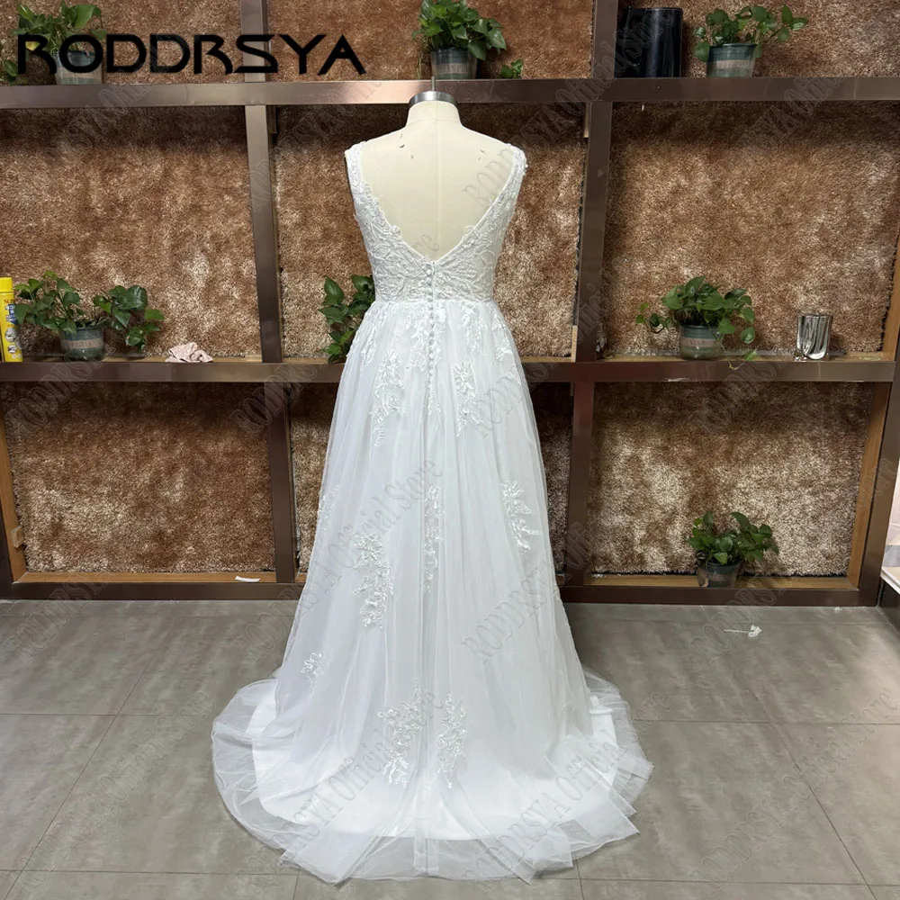 RODDRSYA-vestido de novia de encaje, traje de novia sin mangas con espalda descubierta y cuello en v, apliques de tul de línea a, personalizado, 2024Vestido de novia de encaje roddrsya 2024 novia sin mangas y sin espal