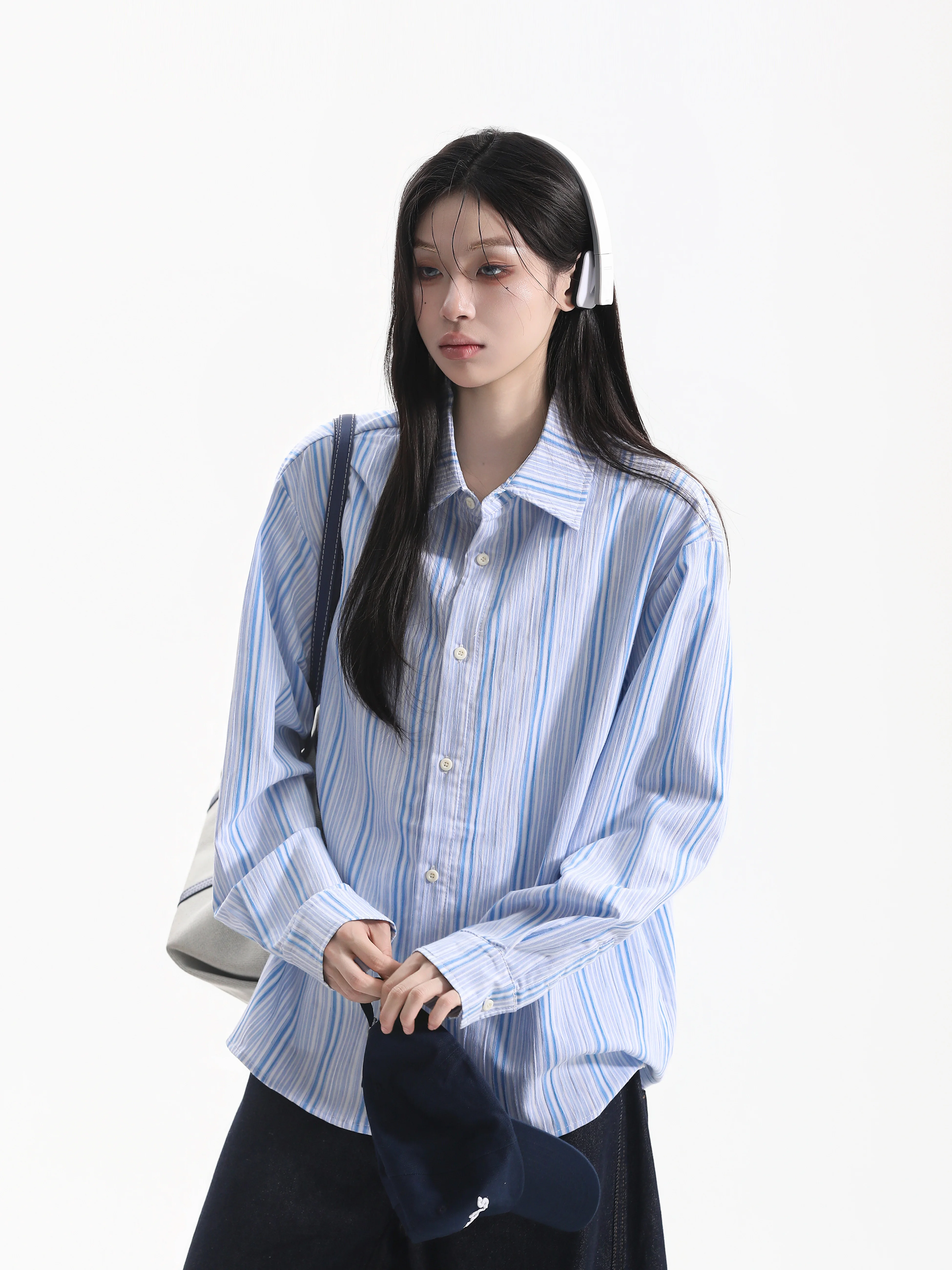 Laid-back Early Autumn Korean Style Striped Shirt Loose Fit Commute Shirt Contrast Color Block Casual Style Long Sleeve Women