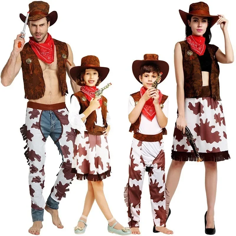 Cowboy Cosplay Western Dress, Terno de cowboy para adultos, Roupas de Carnaval, Festa de Halloween, Menino e Menina, Roupas infantis