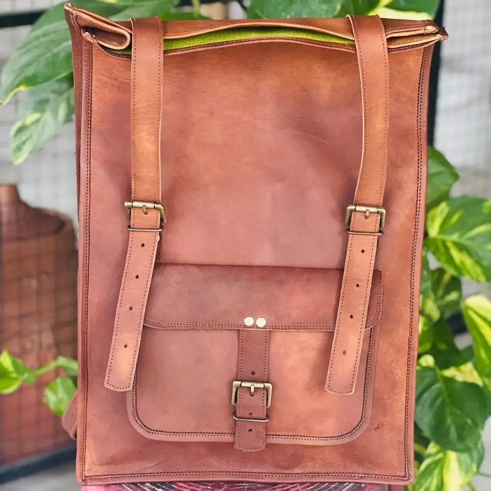 

Goat Leather Backpack Bag Laptop Rucksack Vintage 's Genuine Travel