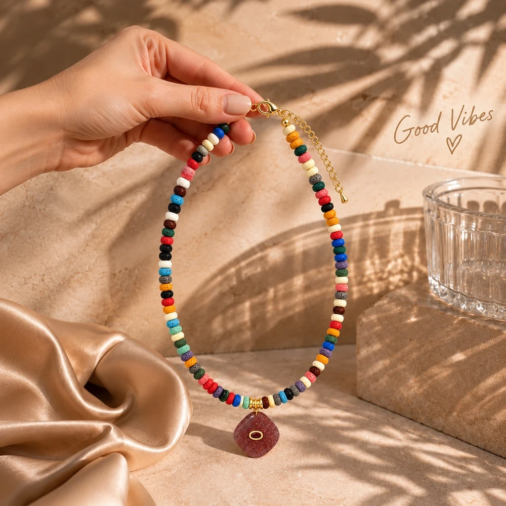 1pc Bohemian Colorful Textured Round Disc Bead Necklace with Red Geometric Diamond Pendant and Golden Oval Accent