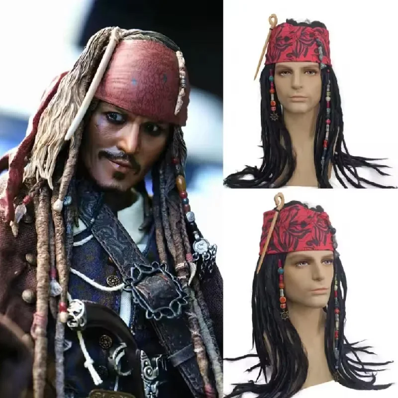 Caribbean Pirate Hat Wig Halloween Stage Performance Pirate Captain Costume Wig Party Accessories Adult Men Jack Sparrow Wig