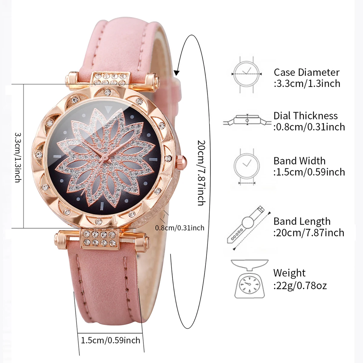 2pcs/set Fashion Women Leather Strap Flower Quartz Watch & Rose Bracelet