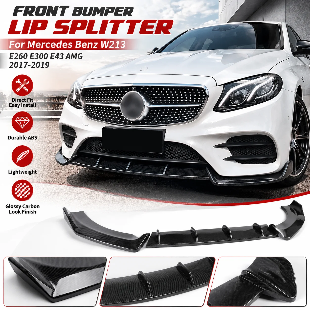 Do Mercedes Benz W213 E260 E300 E43 AMG – przedni spojler, listwa na zderzak, model 2017–2019, sportowy wygląd karbonowy, 3-częściowy zestaw, listwa na przedni zderzak, spojler pod zderzak, błyszczący