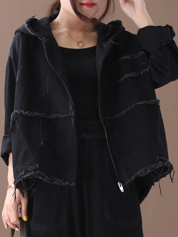 

Outerwear 2024 Fashion Korean Punk Streetwear Ladies Hooded Clothes Womens Vintage Autumn Jackets Oversized Denim Coats