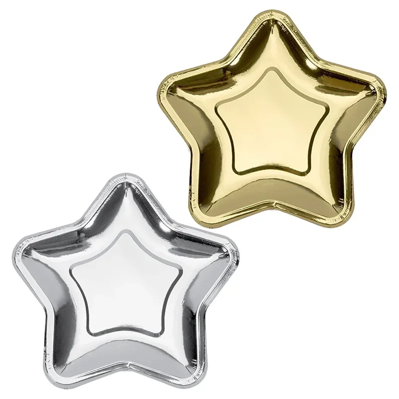 10Pcs Gold/Silver Foil Star Paper Plate 7inch Cake Dessert Disposable Tableware for Merry Christmas Birthday Wedding Party Decor