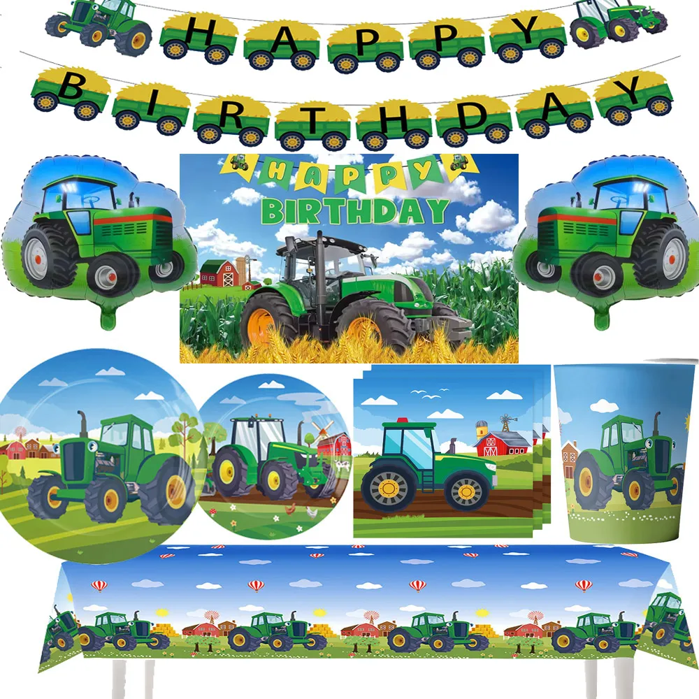 

Green Farm Tractor Theme Kids Birthday Party Disposable Tableware Excavator Vehicle Plate Balloon Banner Baby Shower Supplies