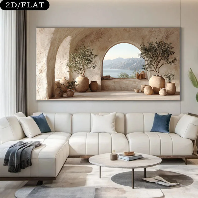 2D/Flat 1pc Extra Large Modern Coastal Canvas Wall Art, Frameless Mediterranean Sea & Olive Tree Painting for Living Room Decor