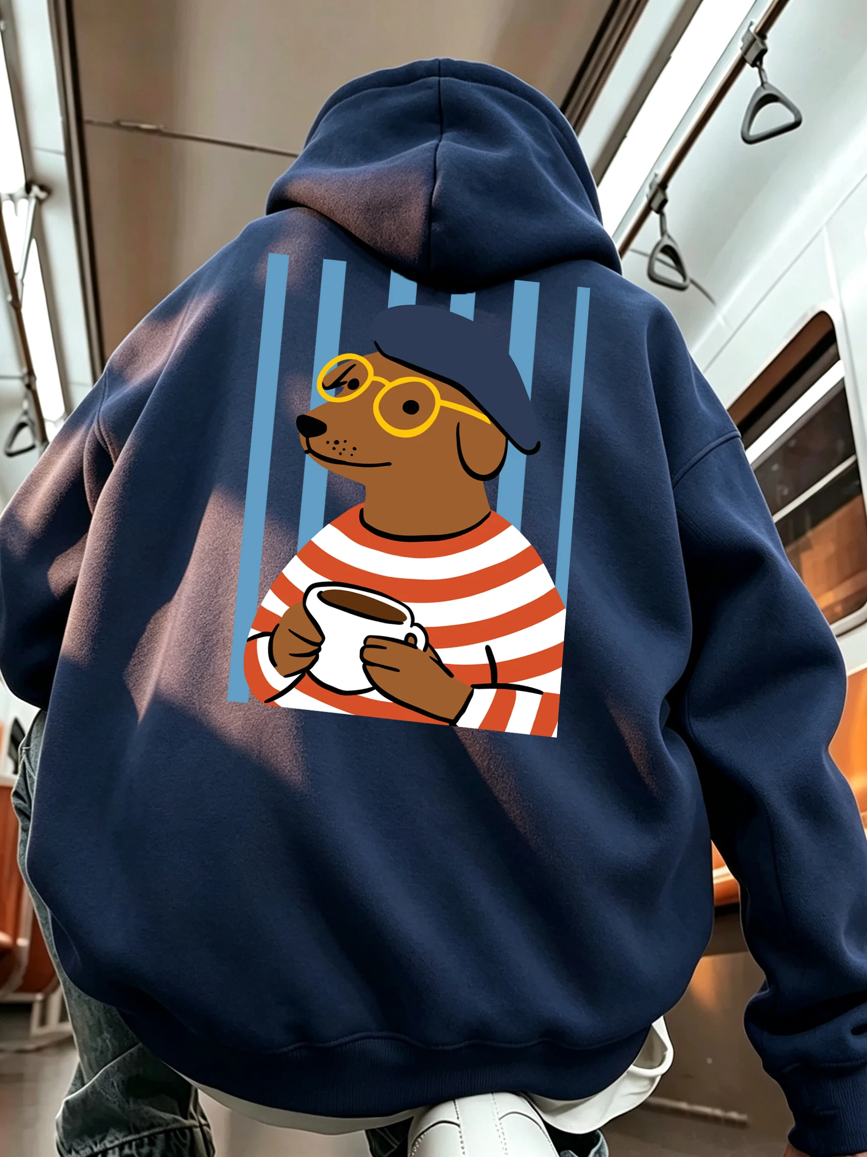 Dachshund Dog Coffee Cup Print Men Sport Street Hoodies Pocket Loose Casual Tops Fashion Streetwear Autumn Fleece Clothing