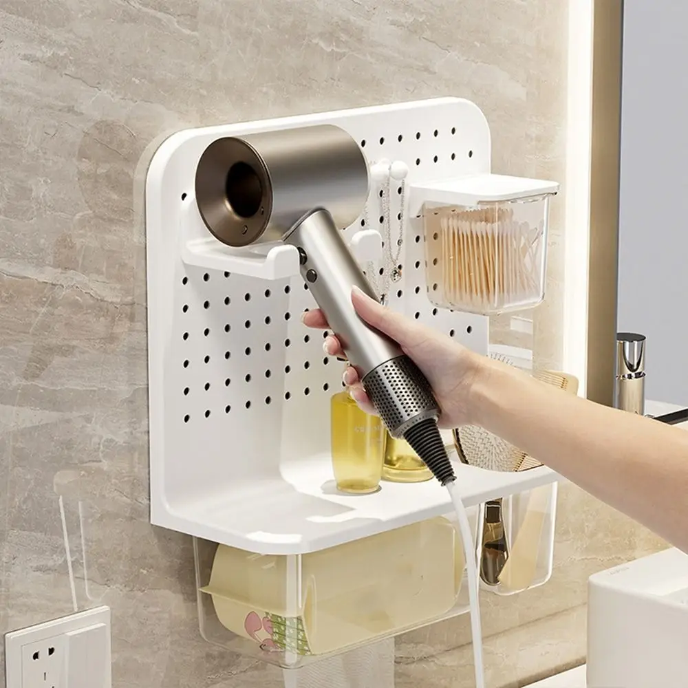 

Plastic Hair Dryer Rack Wall Mounted Large Capacity Key Tissue Holder Space Saving Punch Free Pegboard Organizer for Home