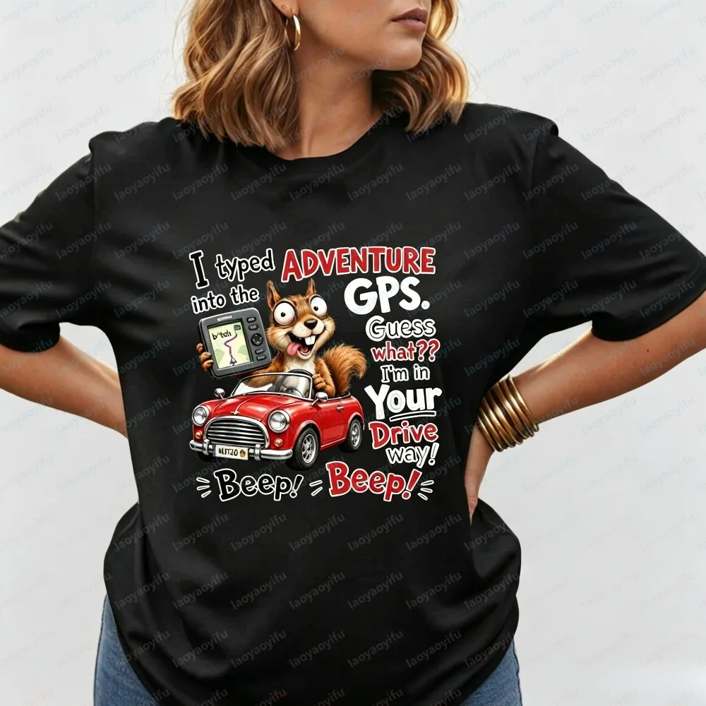 Adventure GPS Squirrel Driving Graphic Women T-Shirt Funny Retro Car Cartoon Print Soft Loose Casual Fashion Short Sleeve Tee