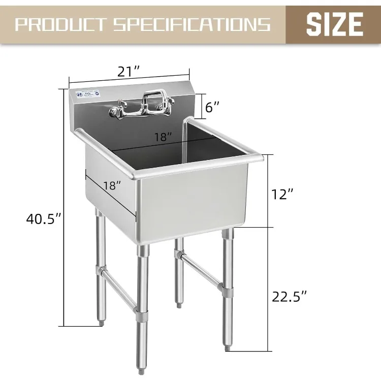 Stainless Steel Sink 1 Compartment NSF Prep & Utility Sink with 8