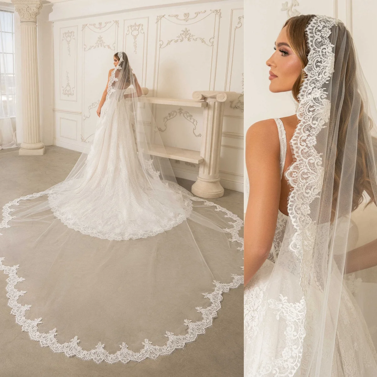 

Изысканная свадебная фата с кружевными краями, однослойная фата для невесты, прозрачный тюль, свадебные аксессуары по индивидуальному заказу