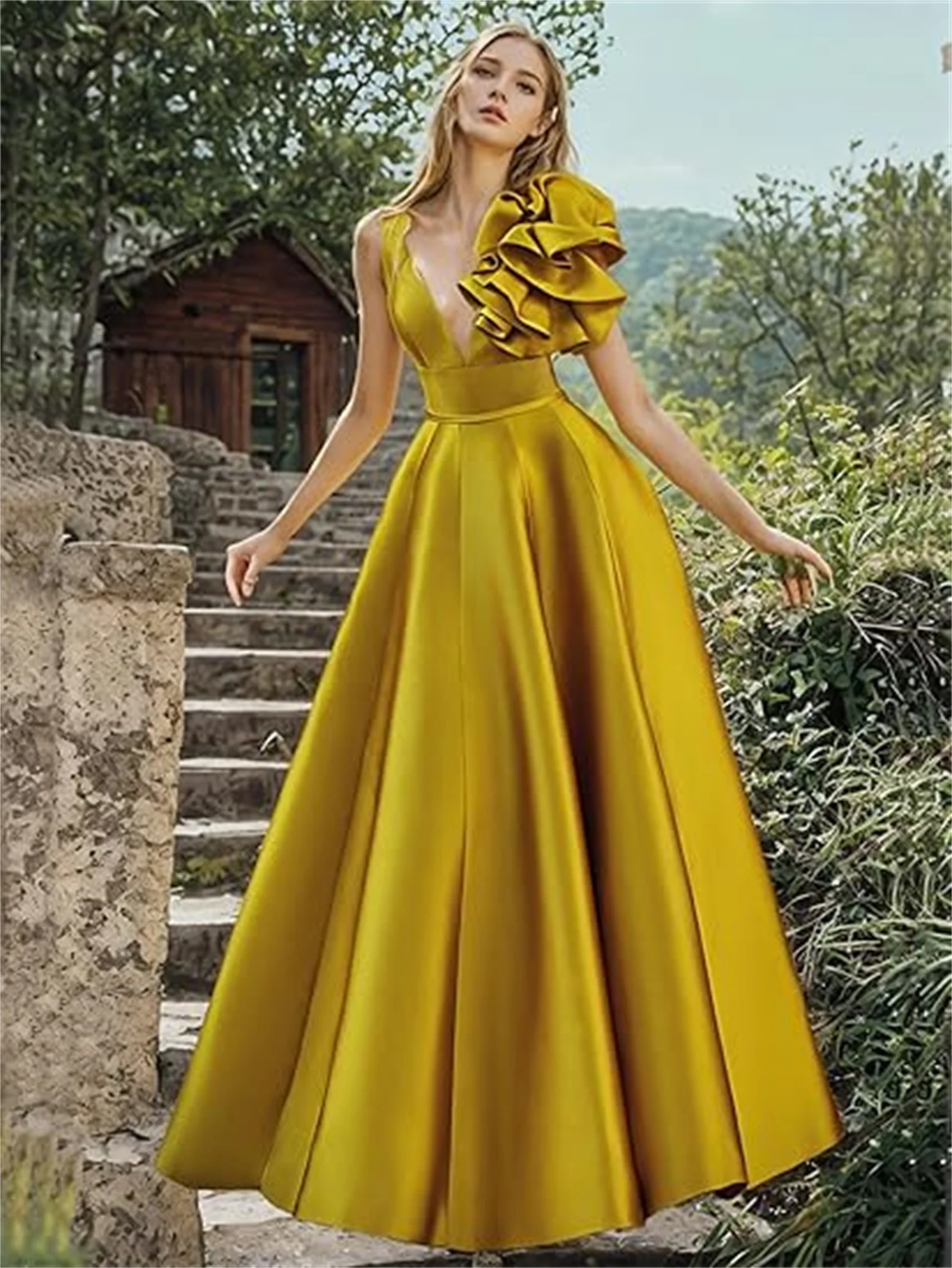 Personalizado fucsia elegante una línea larga madre de la novia vestido profundo cuello en V sin mangas hombro fruncido vestidos de fiesta de noche de graduación