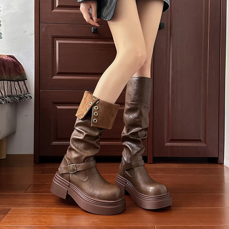 Autumn Winter Platform Thick Bottom Women Long Boots Fashion Slip On Shoes Vintage Ladies Knight Botas