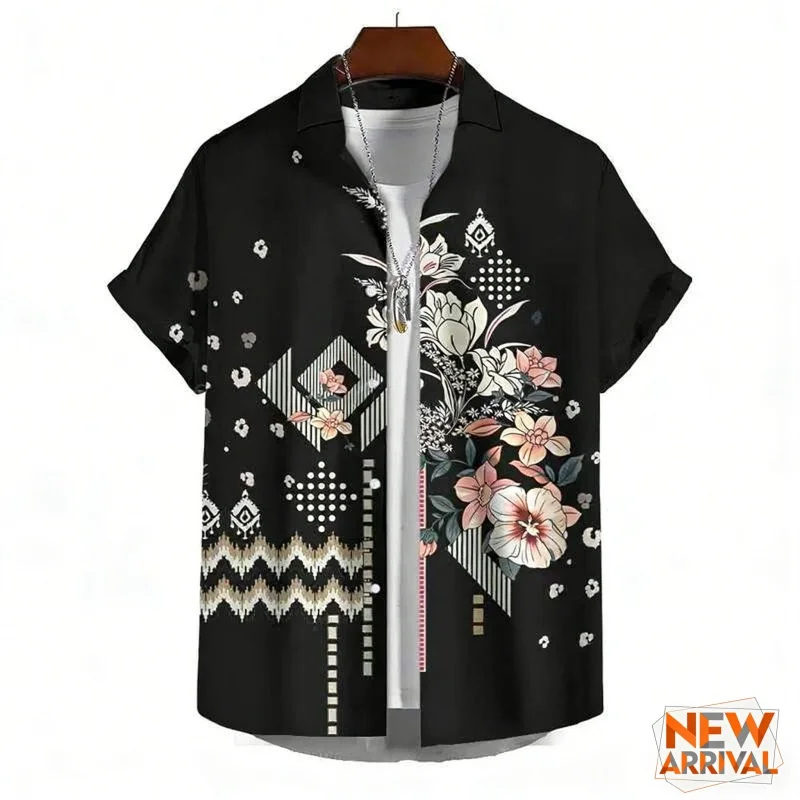 

Гавайская рубашка с цветочным узором в полоску для мужчин, изысканная летняя свободная рубашка с короткими рукавами и 3D принтом листьев, блузка с лацканами, топы