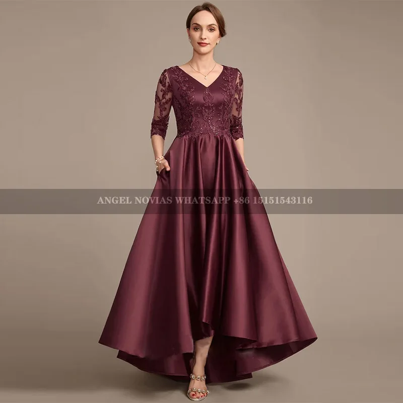 

High Low Burgundy Satin Mother of the Bride Dress Wedding Party Dress Robes Invitee Mariage vestidos madre de la novia